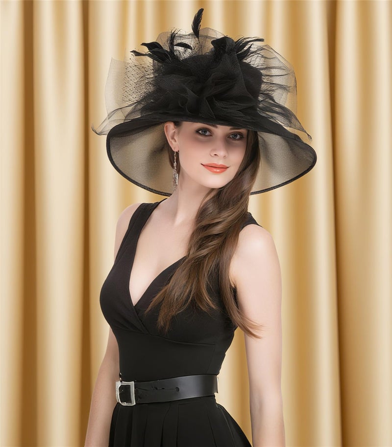 SAFERIN Womens Church Dress Wedding Veil Floral Tea Party Hat Black Feather Mesh Flower Free Size - Image 3